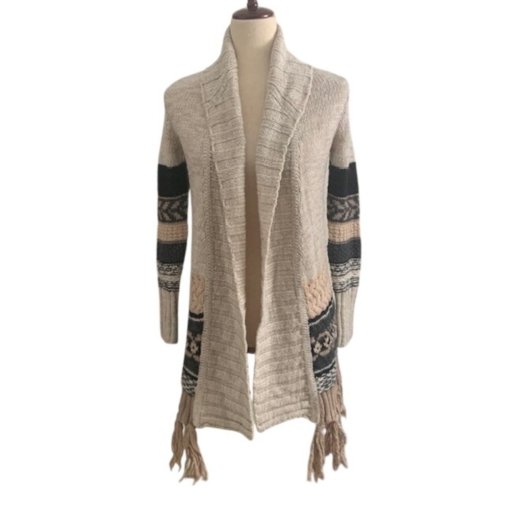 Fringe Open Front Cardigan XXS Wool Blend Coastal Grandma Boho Pink Beige Snag